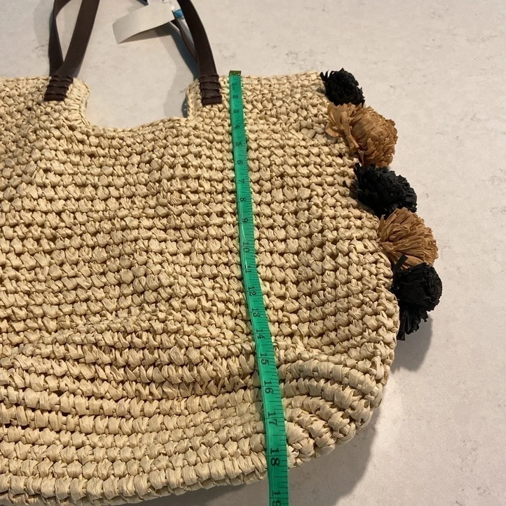 NEW BLUE MIAMI by Capelli Pom Pom Straw Tote Bag Purse